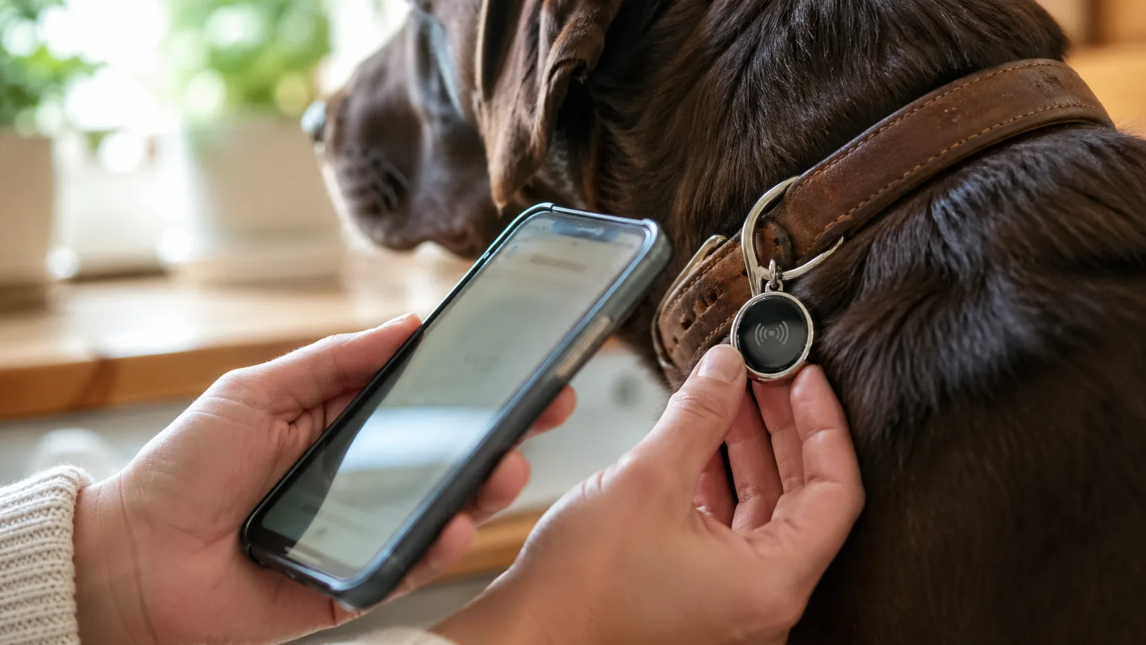 Czarny pies w obroży zbliża się do trzymanego smartfona — moment skanowania taga NFC otwiera profil pupila z numerem opiekuna.