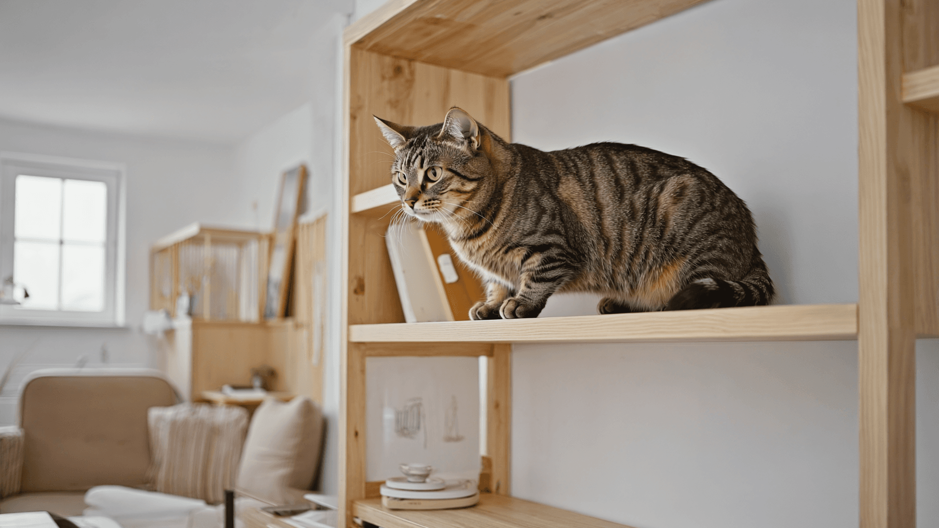 Kot siedzący na półce nad poziomem wzroku człowieka, spokojnie obserwujący pokój z góry.