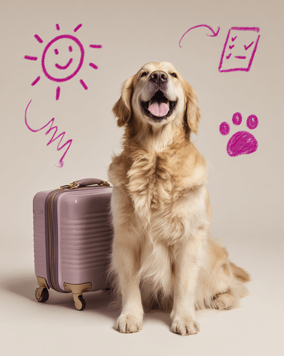 Golden retriever siedzi obok spakowanej walizki na kremowym tle, wokół odręczne wakacyjne rysunki: słońce, lista rzeczy do zabrania i odcisk łapy.