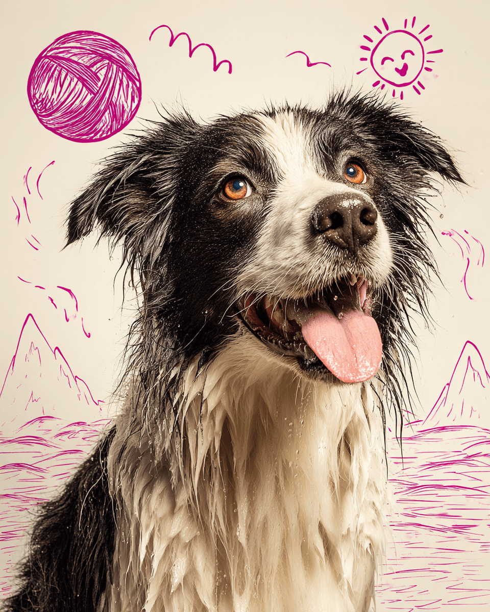 Mokry border collie tuż po kąpieli, wokół odręczne rysunki piłki plażowej, fal i uśmiechniętego słońca.