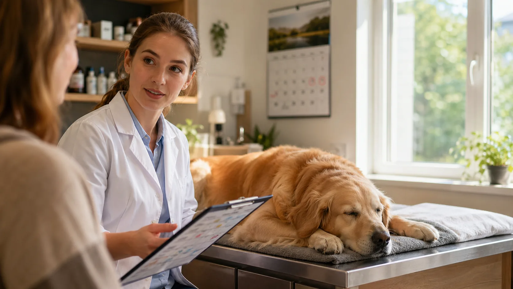 Weterynarka w bieli przygotowuje strzykawkę do szczepienia, obok spokojny golden retriever leży na kozetce, w tle kalendarz z terminami.