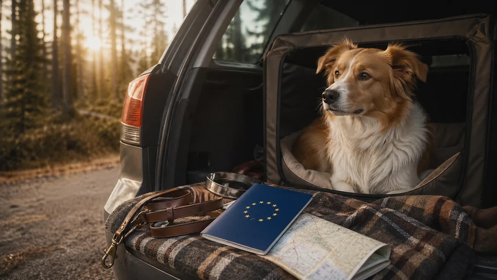Niebieski paszport europejski dla psa leży obok książeczki zdrowia, smyczy i walizki gotowej do wyjazdu — w tle uchylone okno samochodu i Golden Retriever w transporterku.