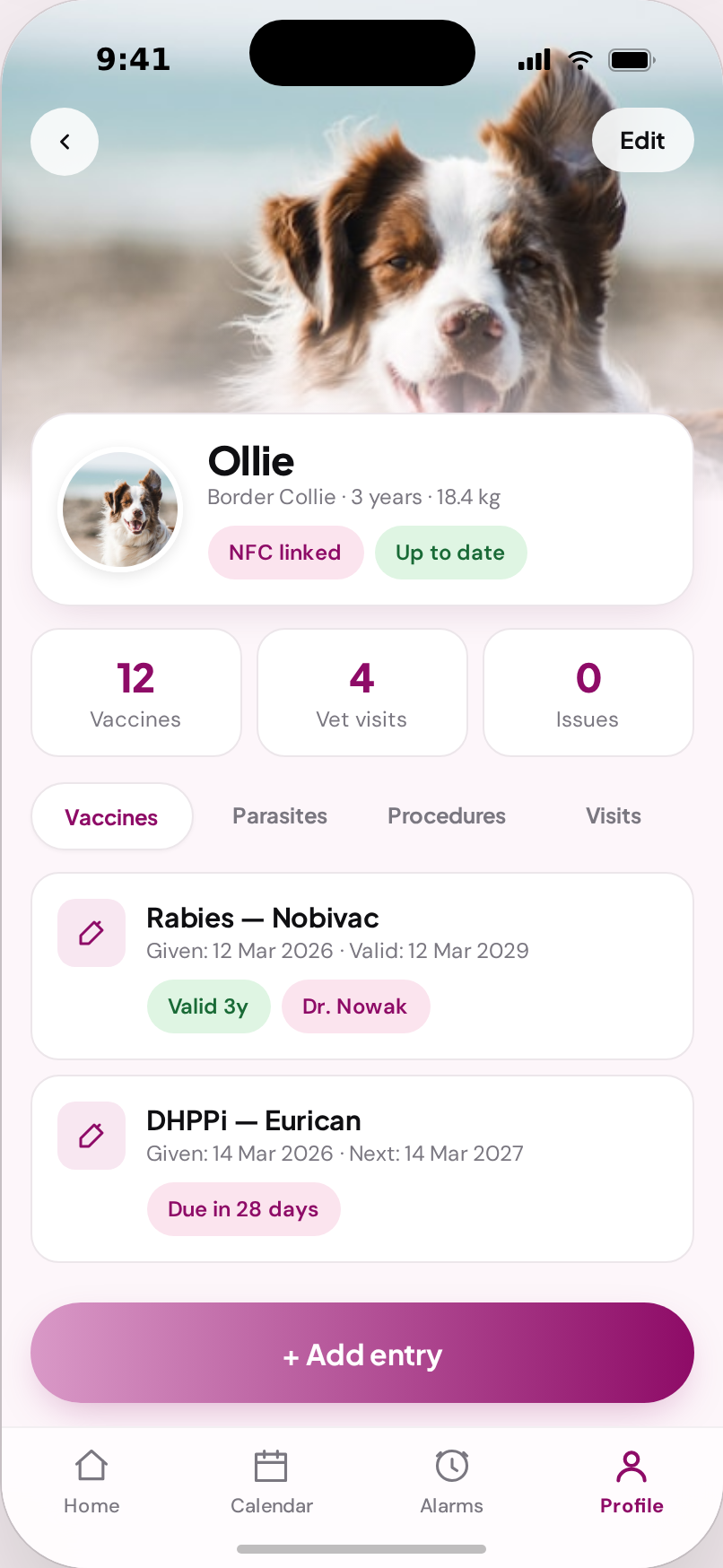 Gesundheitskarte des Tieres in der App