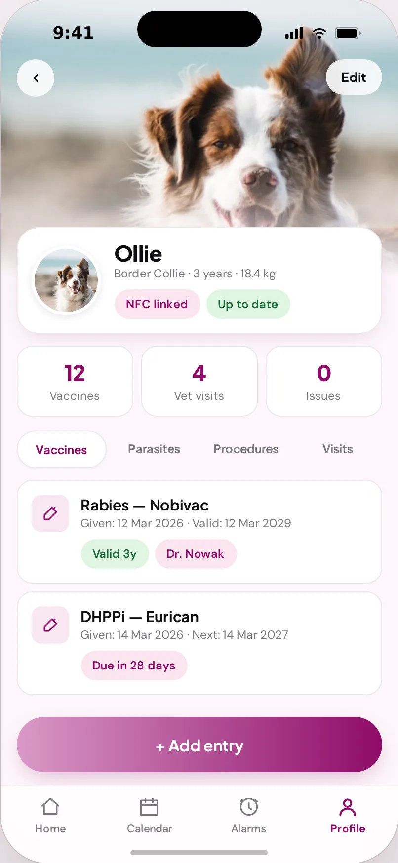 Pet medical card in the app