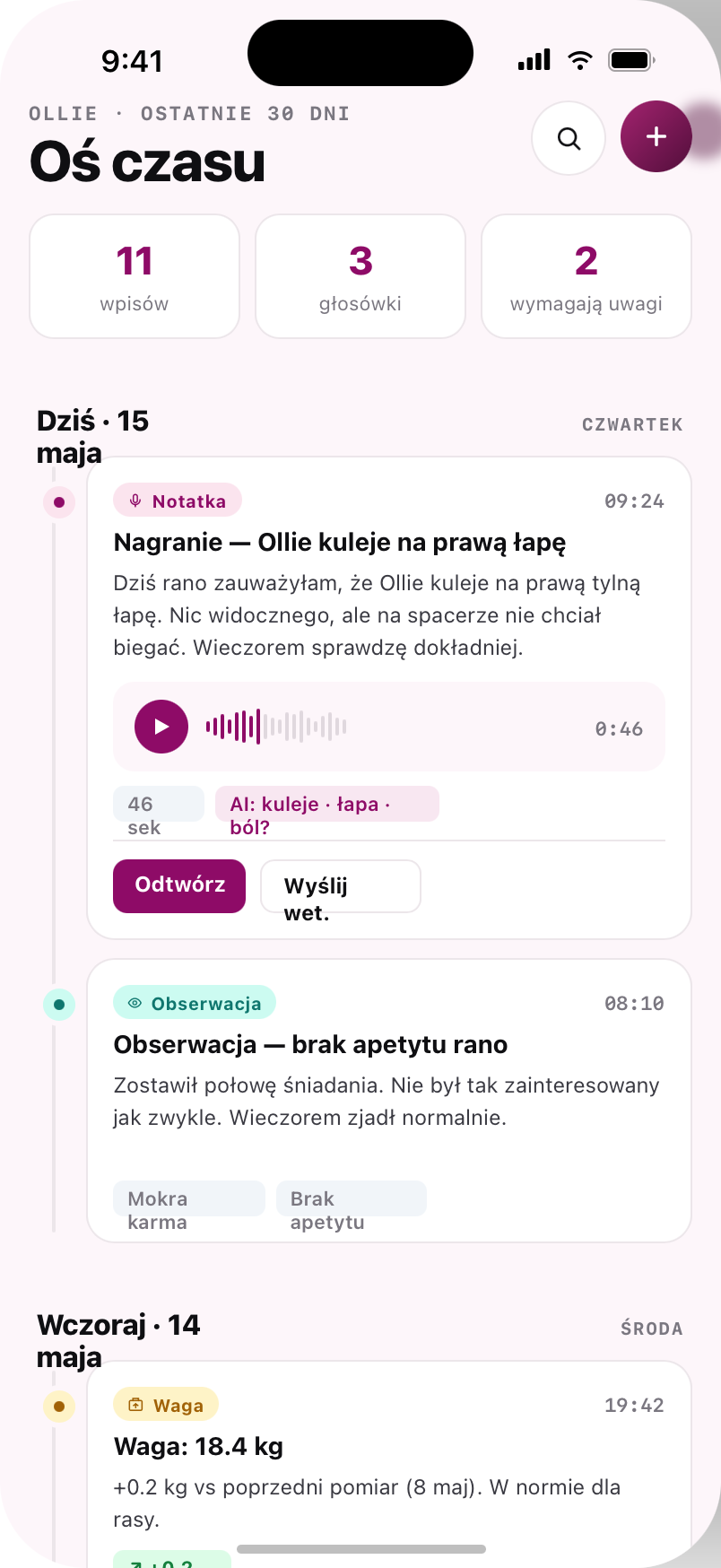 Zeitleiste der Gesundheitsereignisse in der App
