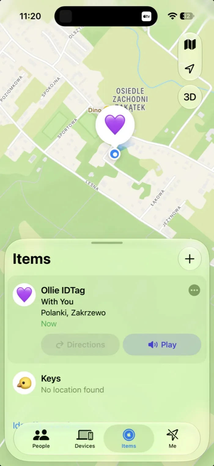 Lokalizacja IDtaga w aplikacji Lokalizator na iPhonie