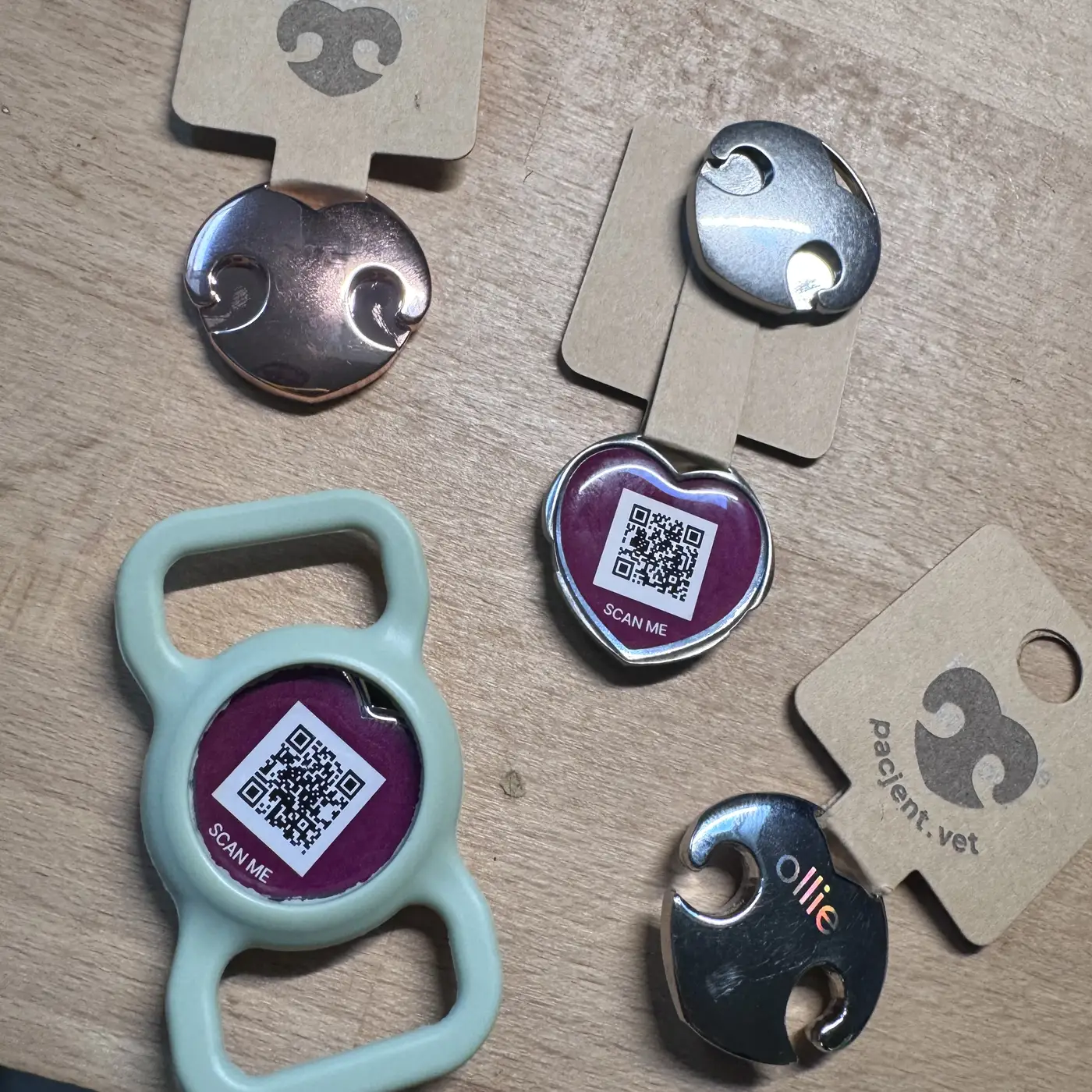 Cuatro chapas identificativas de pacjent.vet sobre una mesa de madera: un corazón en oro rosa, una chapa de acero con código QR, una funda de silicona verde menta y una chapa de acero con Ollie